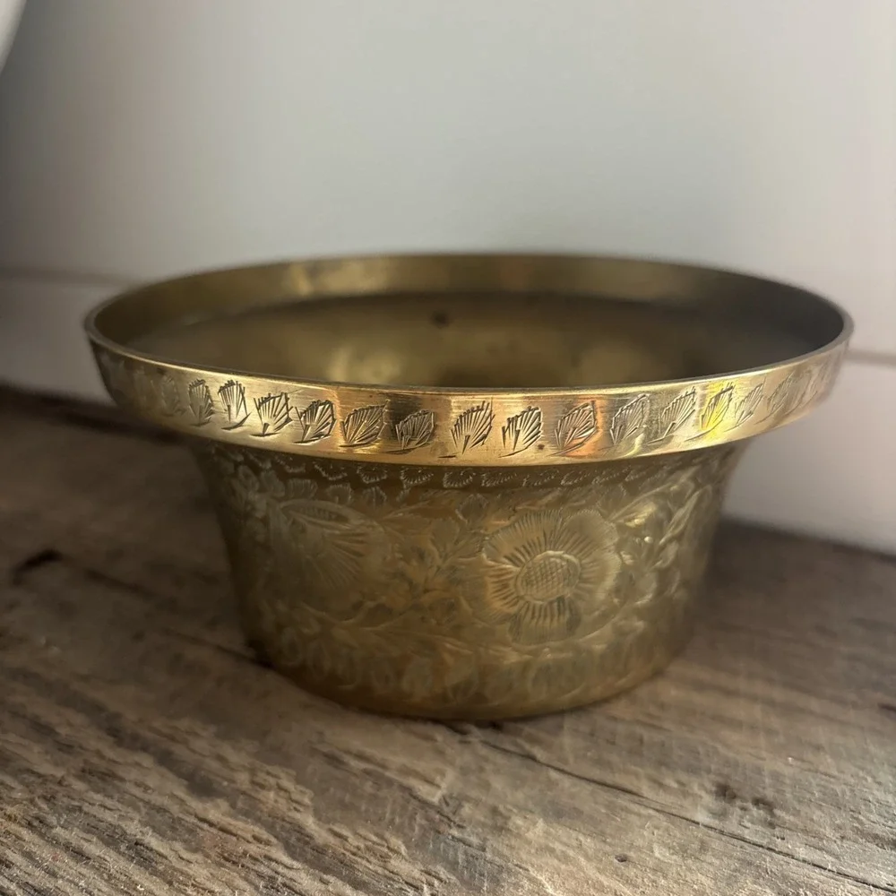 Vintage MCM Etched Brass Bowl Planter Trinket Dish Nice Patina 2.5